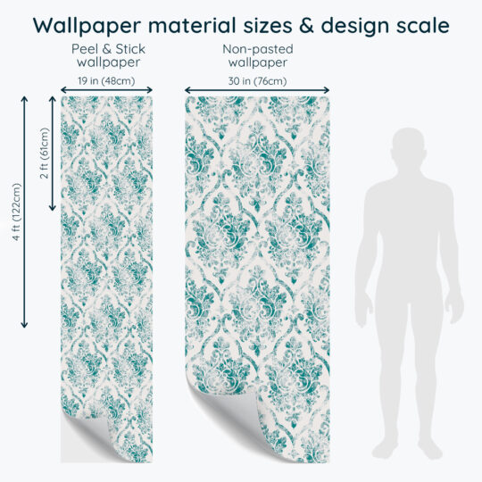 Teal retro damask peel and stick wallpaper from Fancy Walls