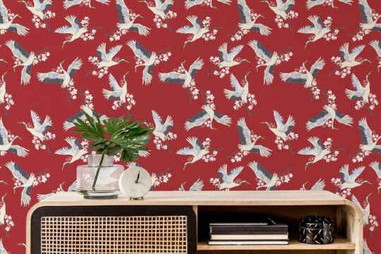 Fancy Walls traditional wallpaper in Red Crane Bird design