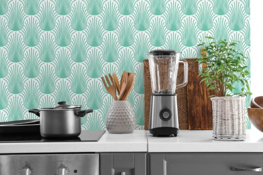 Fancy Walls' turquoise feather design on non-pasted wallpaper