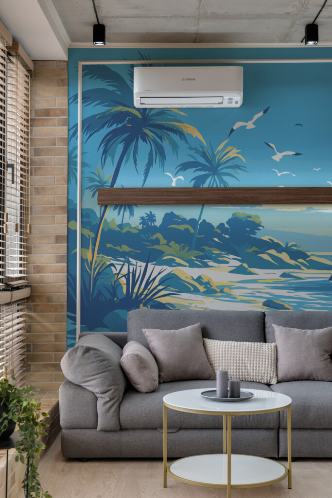 Blue wallpaper mural with beach design for game rooms by Fancy Walls.