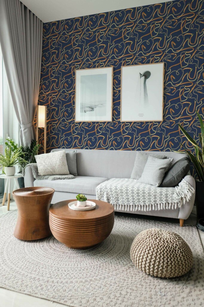 Modern scandinavian style living room decorated with Transitional fashion chain peel and stick wallpaper and green plants