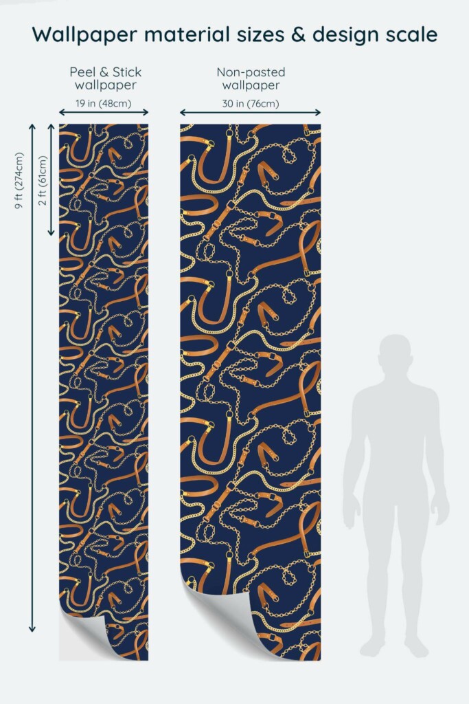 Size comparison of Transitional Fashion Chain Peel & Stick and Non-pasted wallpapers with design scale relative to human figure