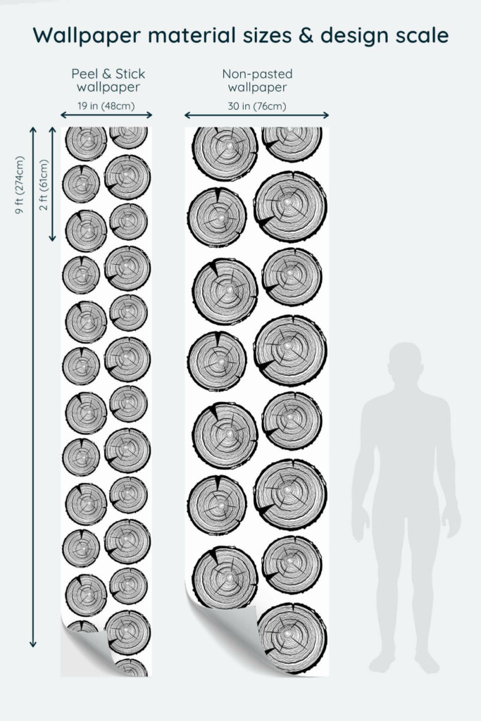 Size comparison of Tree trunk Peel & Stick and Non-pasted wallpapers with design scale relative to human figure