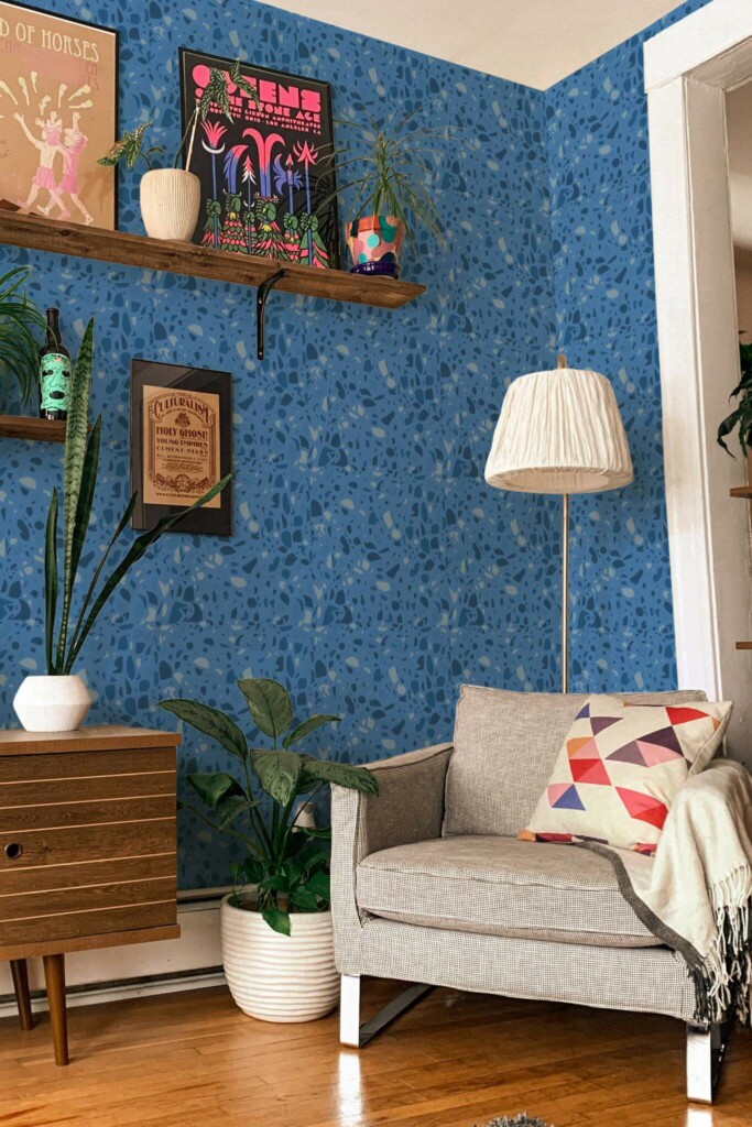 Eclectic style living room decorated with Trending blue terrazzo peel and stick wallpaper