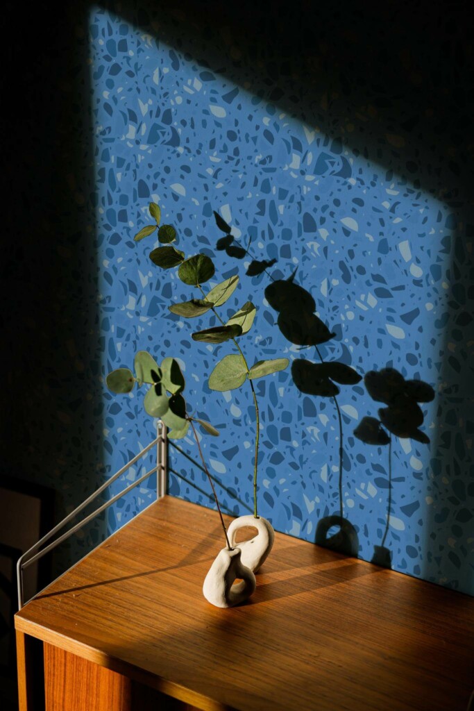 Mid-century style living room decorated with Trending blue terrazzo peel and stick wallpaper