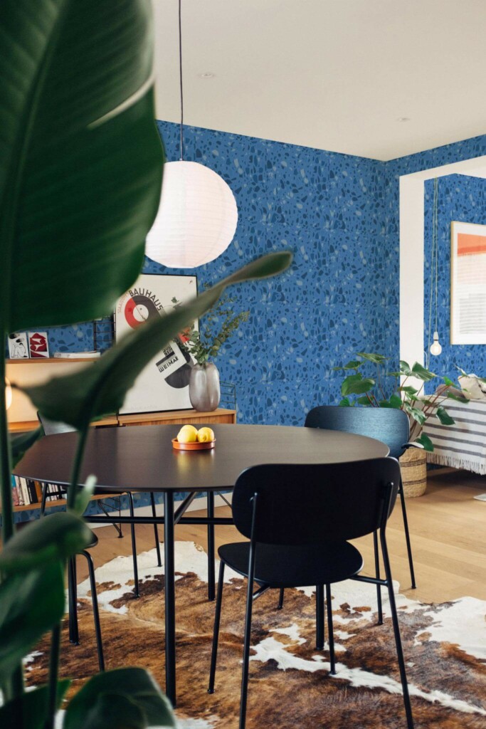 Scandinavian style dining room decorated with Trending blue terrazzo peel and stick wallpaper