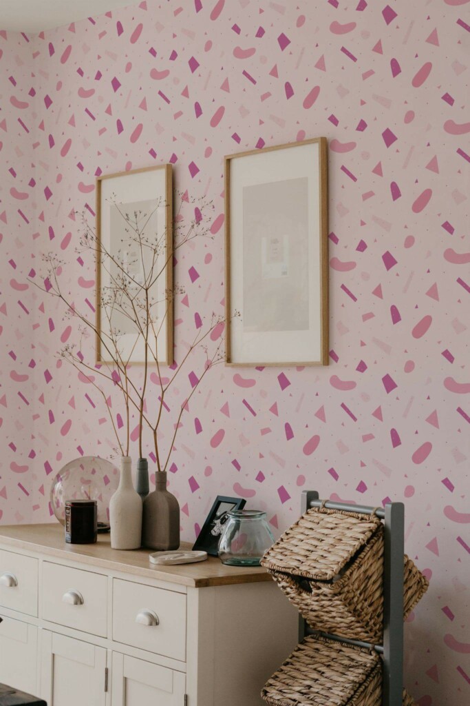 Scandinavian style bedroom decorated with Trending pink terrazzo peel and stick wallpaper