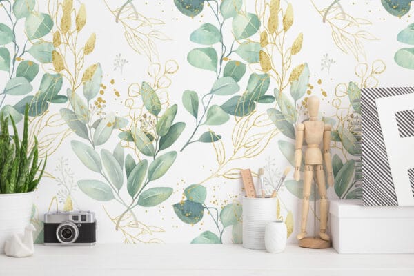 Green and white eucalyptus leaf peel and stick wallpaper
