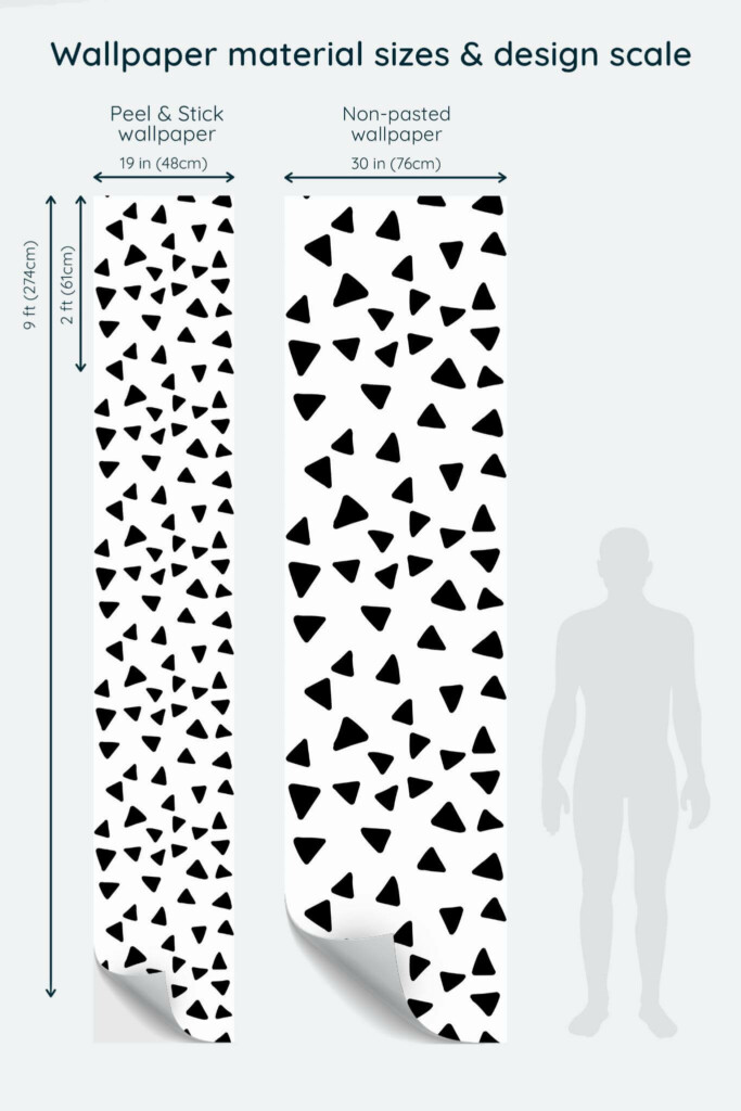 Size comparison of Triangle Peel & Stick and Non-pasted wallpapers with design scale relative to human figure