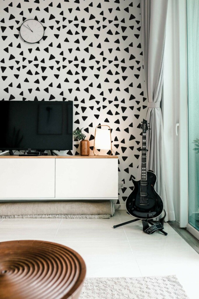 Scandinavian style music room decorated with Triangles peel and stick wallpaper