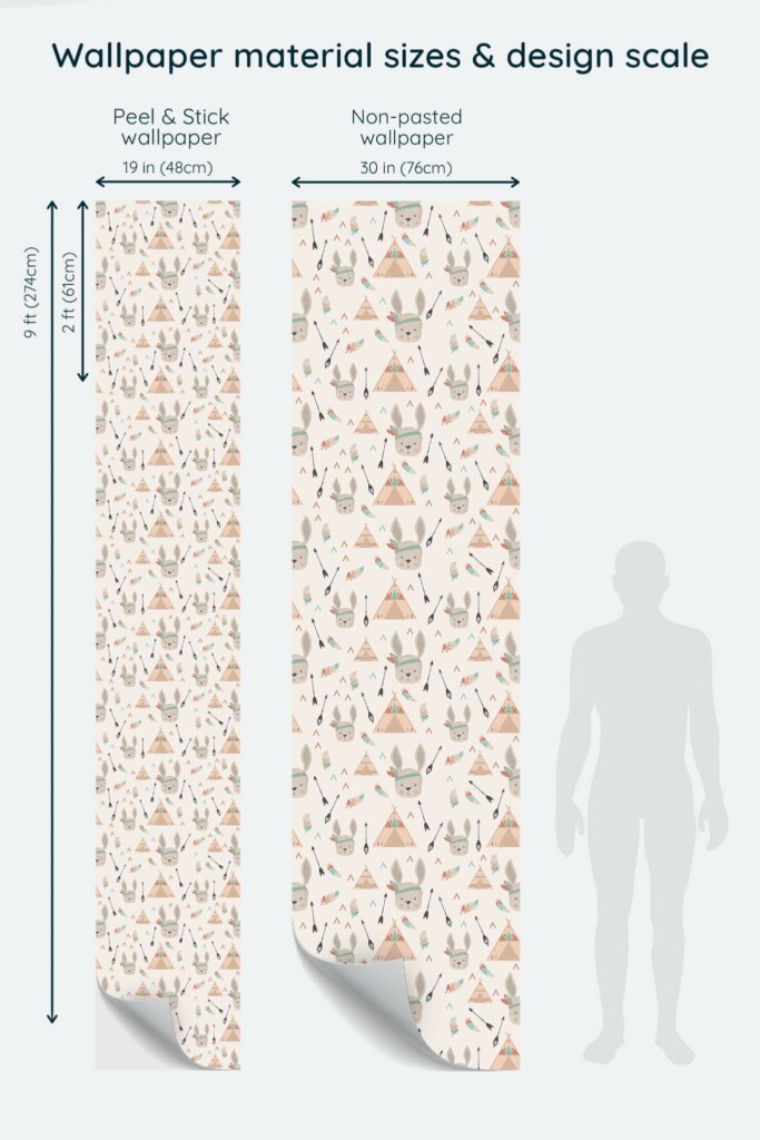 Size comparison of Tribal bunny nursery Peel & Stick and Non-pasted wallpapers with design scale relative to human figure
