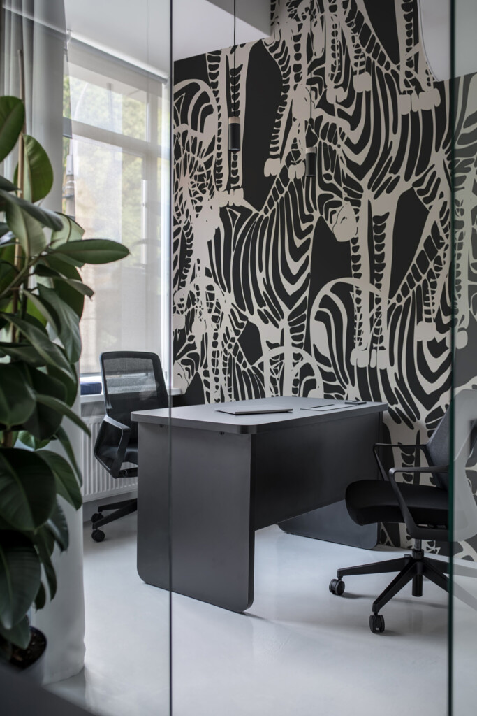 Wall mural peel and stick design featuring an abstract zebra pattern in black and white, perfect for dramatic tropical-themed accent walls. The Fancy Walls peel and stick or non-pasted wallpaper.