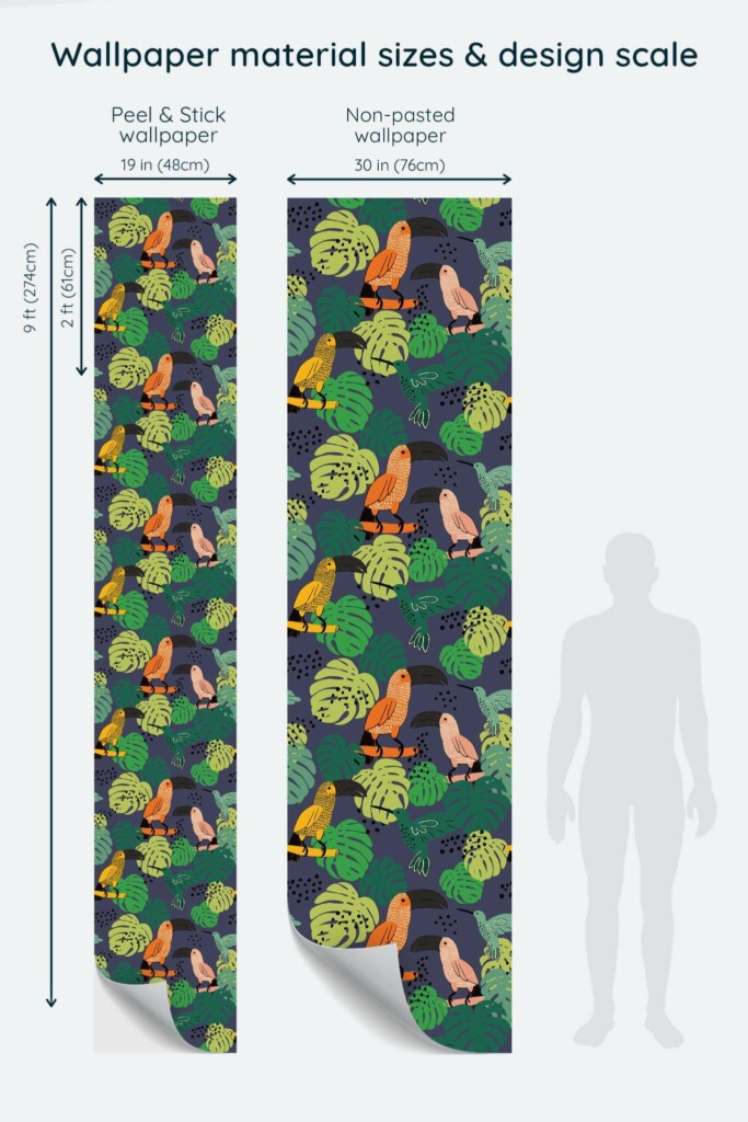 Size comparison of Tropical Birds Peel & Stick and Non-pasted wallpapers with design scale relative to human figure