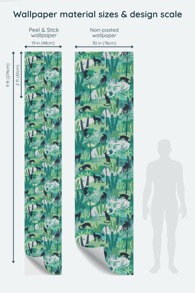 Size comparison of Tropical cat Peel & Stick and Non-pasted wallpapers with design scale relative to human figure