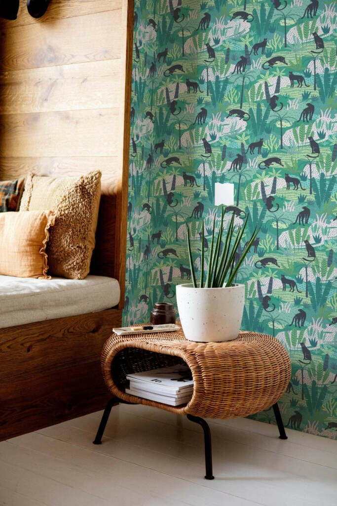 Mid-century modern style bedroom decorated with Tropical cats peel and stick wallpaper