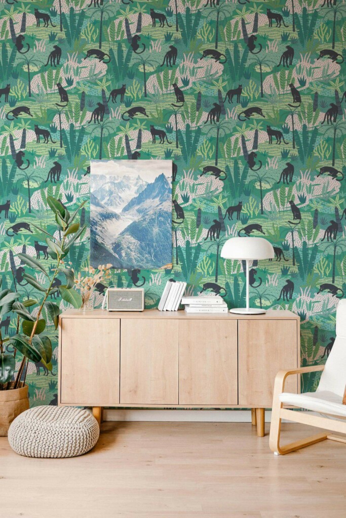 Scandinavian style living room decorated with Tropical cats peel and stick wallpaper