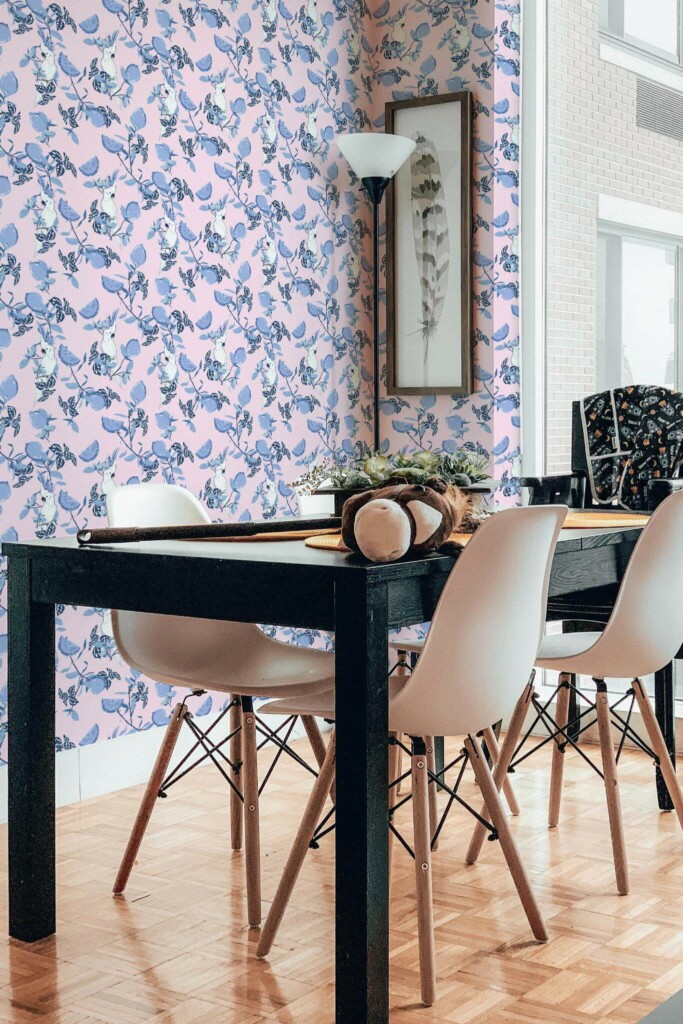 Industrial scandinavian style dining room decorated with Tropical Cockatoo peel and stick wallpaper