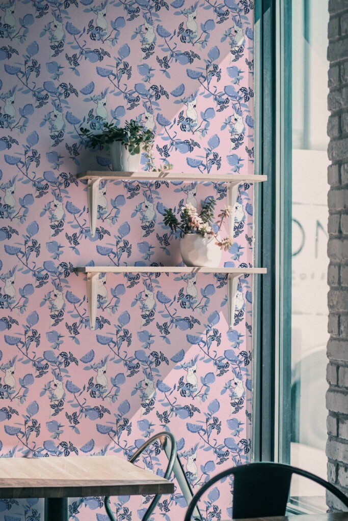 Industrial style cafe decorated with Tropical Cockatoo peel and stick wallpaper