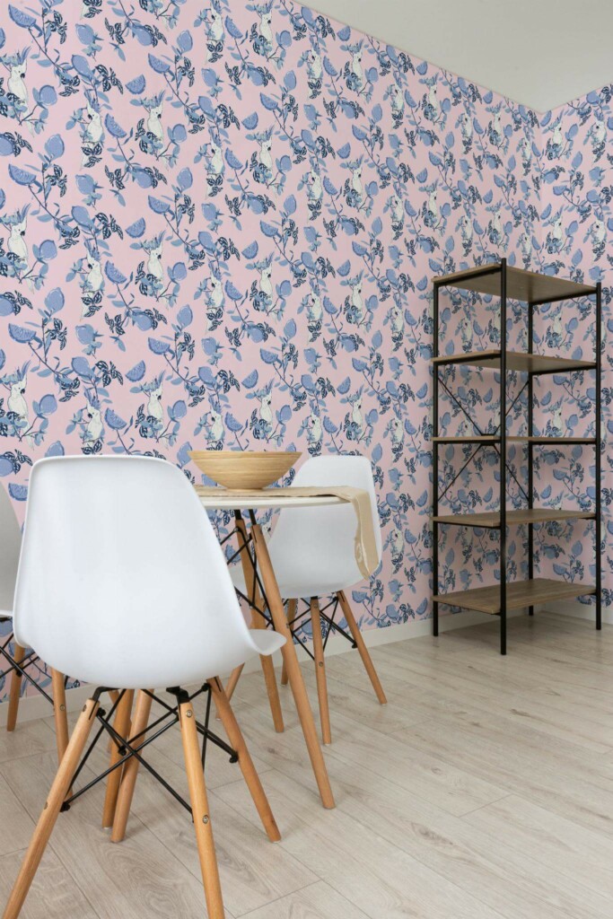 Minimalist style dining room decorated with Tropical Cockatoo peel and stick wallpaper