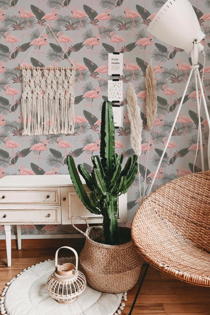 Bohemian style living room decorated with Tropical Flamingo peel and stick wallpaper