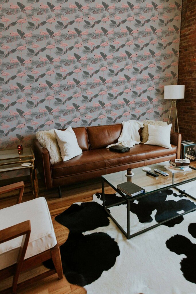 Mid-century modern style living room decorated with Tropical Flamingo peel and stick wallpaper