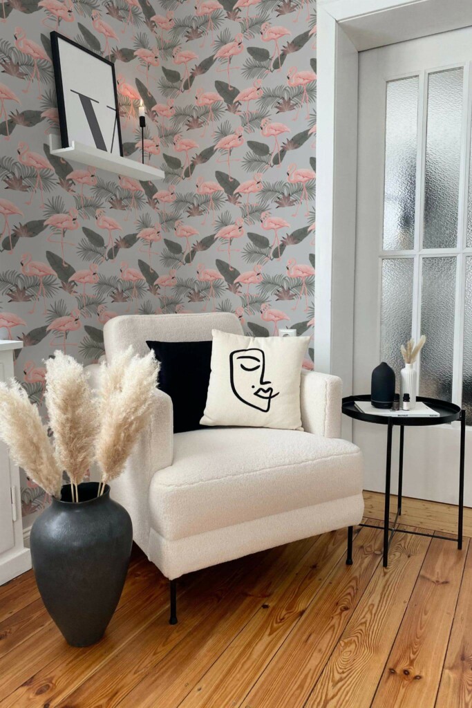 Modern boho style living room decorated with Tropical Flamingo peel and stick wallpaper