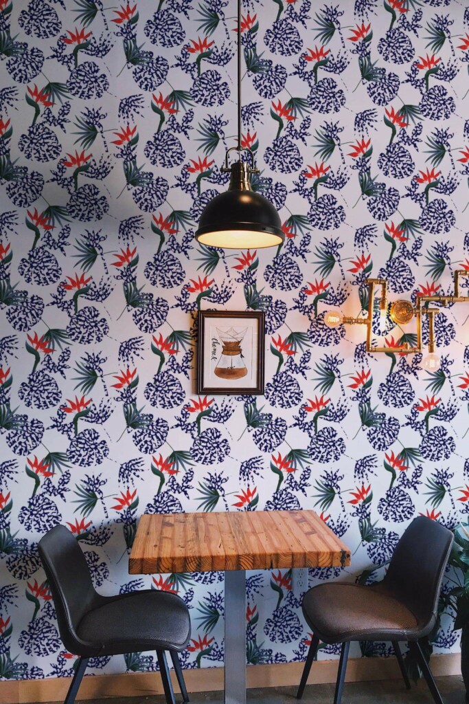 Rustic farmhouse style dining room decorated with Tropical floral peel and stick wallpaper