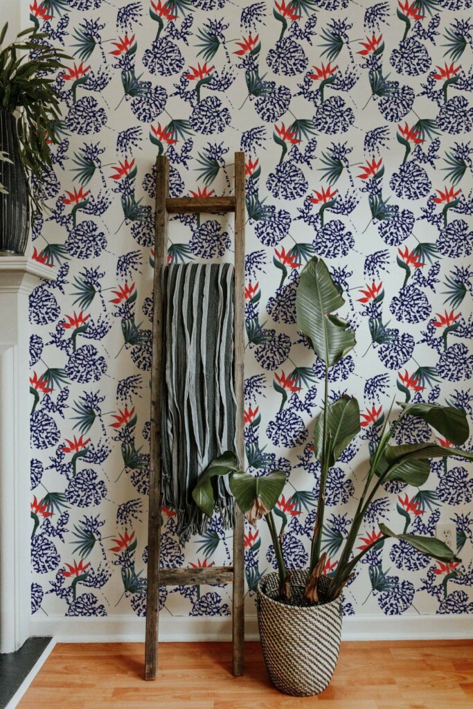 Scandinavian style living room decorated with Tropical floral peel and stick wallpaper