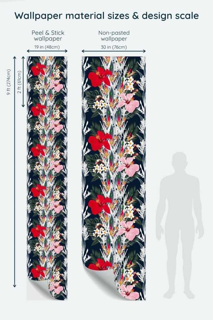 Size comparison of Tropical flower Peel & Stick and Non-pasted wallpapers with design scale relative to human figure