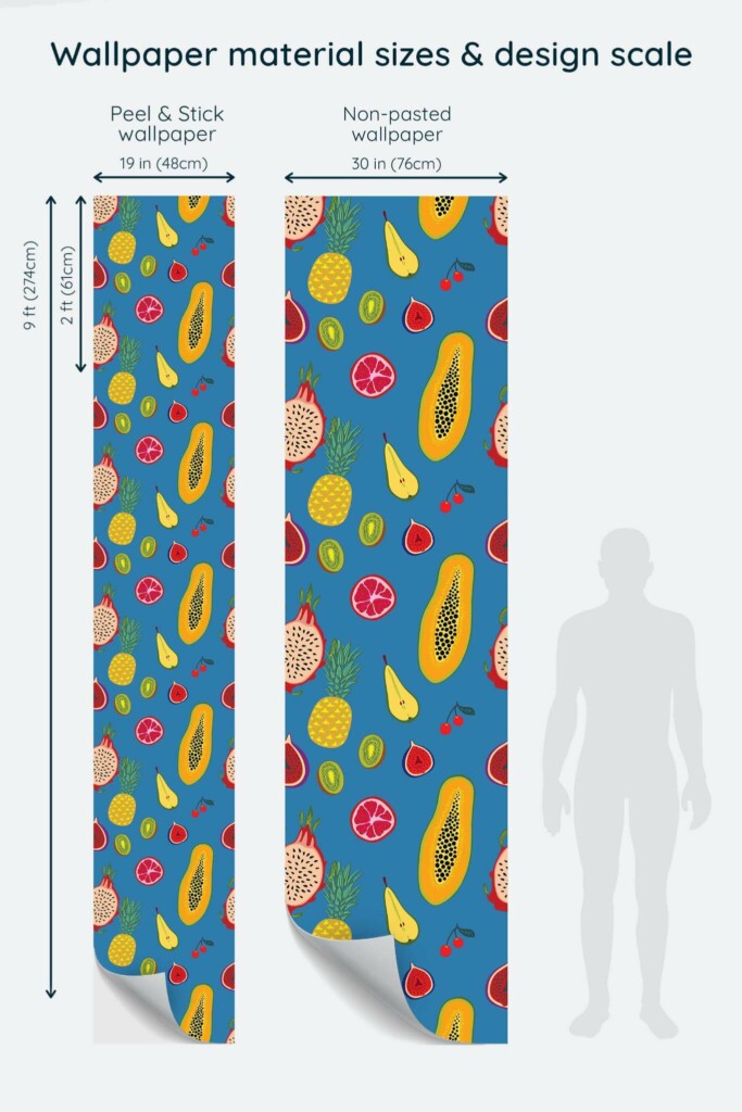 Size comparison of Tropical fruit Peel & Stick and Non-pasted wallpapers with design scale relative to human figure