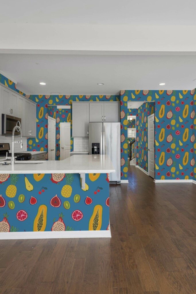Minimal scandinavian style kitchen decorated with Tropical fruits peel and stick wallpaper