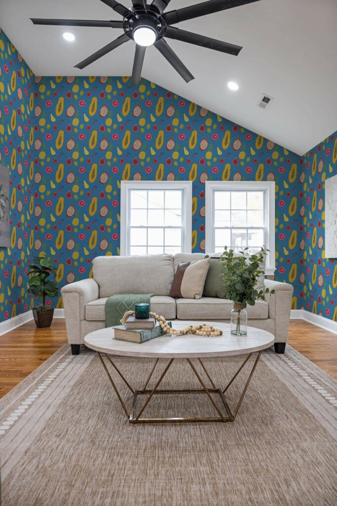 Scandinavian style living room decorated with Tropical fruits peel and stick wallpaper
