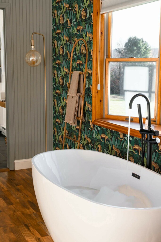 Mid-century modern style bathroom decorated with Tropical Jungle peel and stick wallpaper