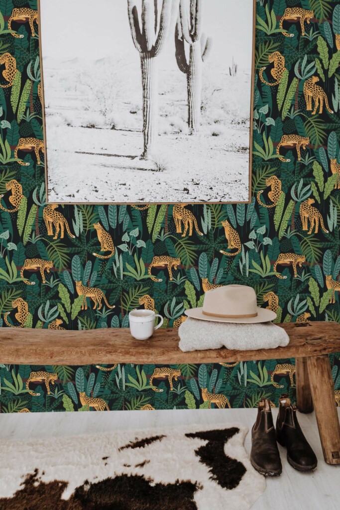 Scandinavian style entryway decorated with Tropical Jungle peel and stick wallpaper