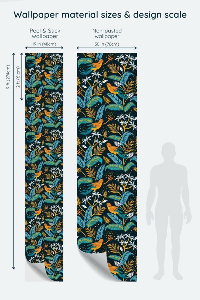 Size comparison of Tropical jungle Peel & Stick and Non-pasted wallpapers with design scale relative to human figure