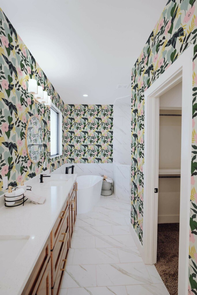 Light farmhouse style bathroom decorated with Tropical leaf and flower peel and stick wallpaper
