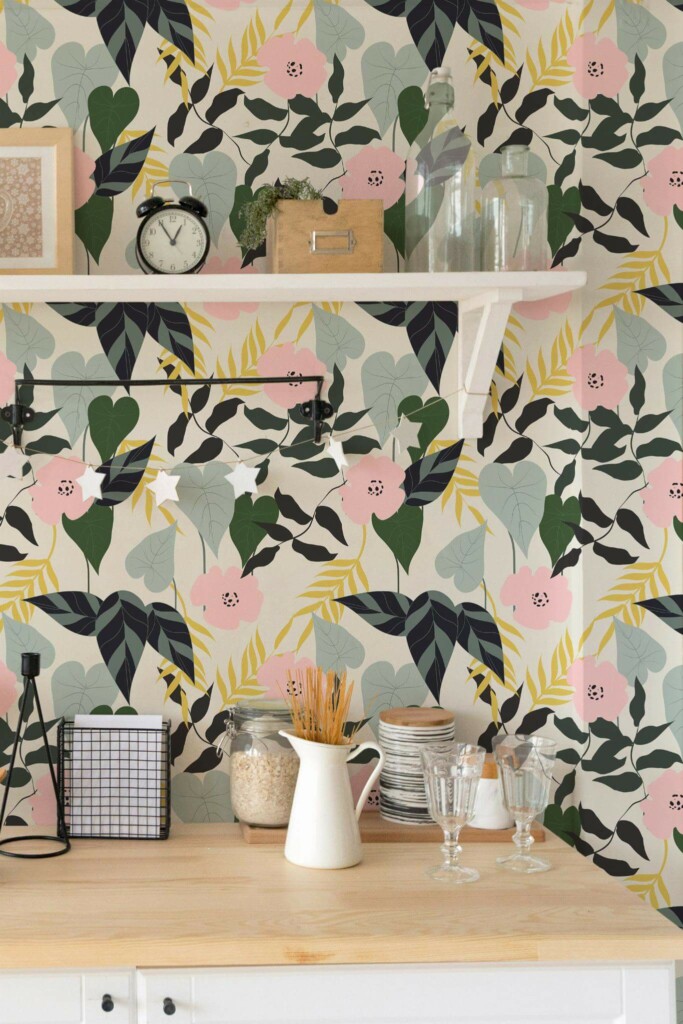 Light farmhouse style kitchen decorated with Tropical leaf and flower peel and stick wallpaper