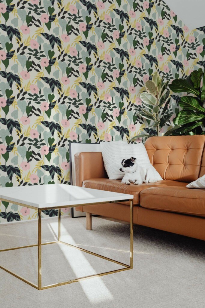 Mid-century modern style living room with dog on a sofa decorated with Tropical leaf and flower peel and stick wallpaper