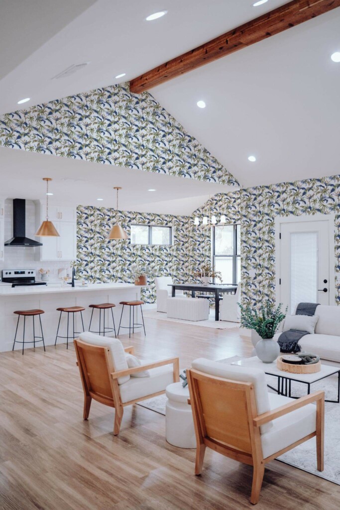 Contemporary style living room and kitchendecorated with Tropical leaf pattern peel and stick wallpaper