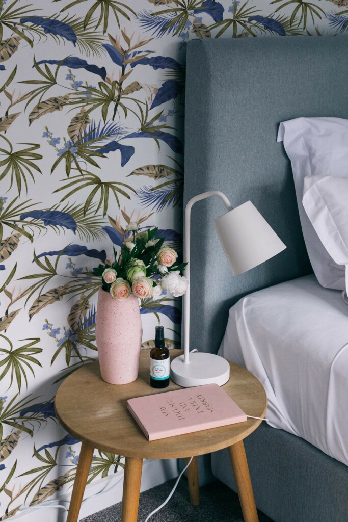 Rustic style bedroom decorated with Tropical leaf pattern peel and stick wallpaper