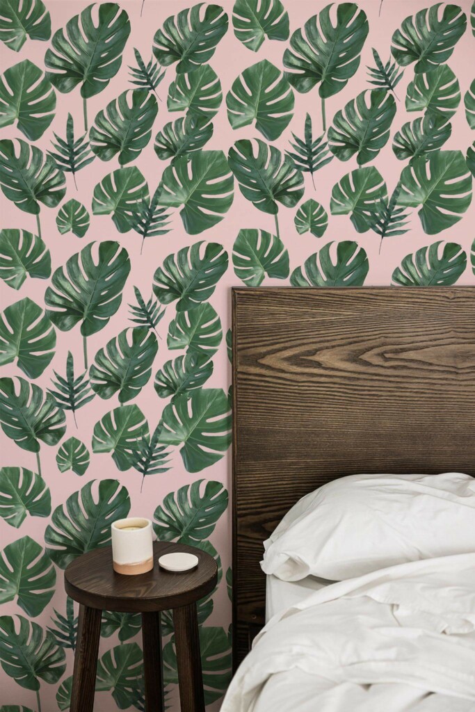 Farmhouse style bedroom decorated with Tropical leaf pink peel and stick wallpaper