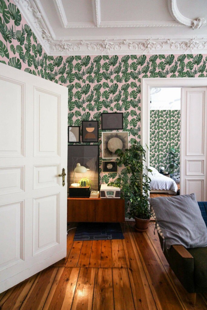 Mid-century modern luxury style living room and bedroom decorated with Tropical leaf pink peel and stick wallpaper