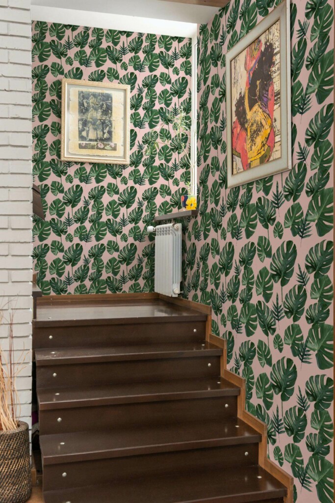 Mid-century style staircase decorated with Tropical leaf pink peel and stick wallpaper