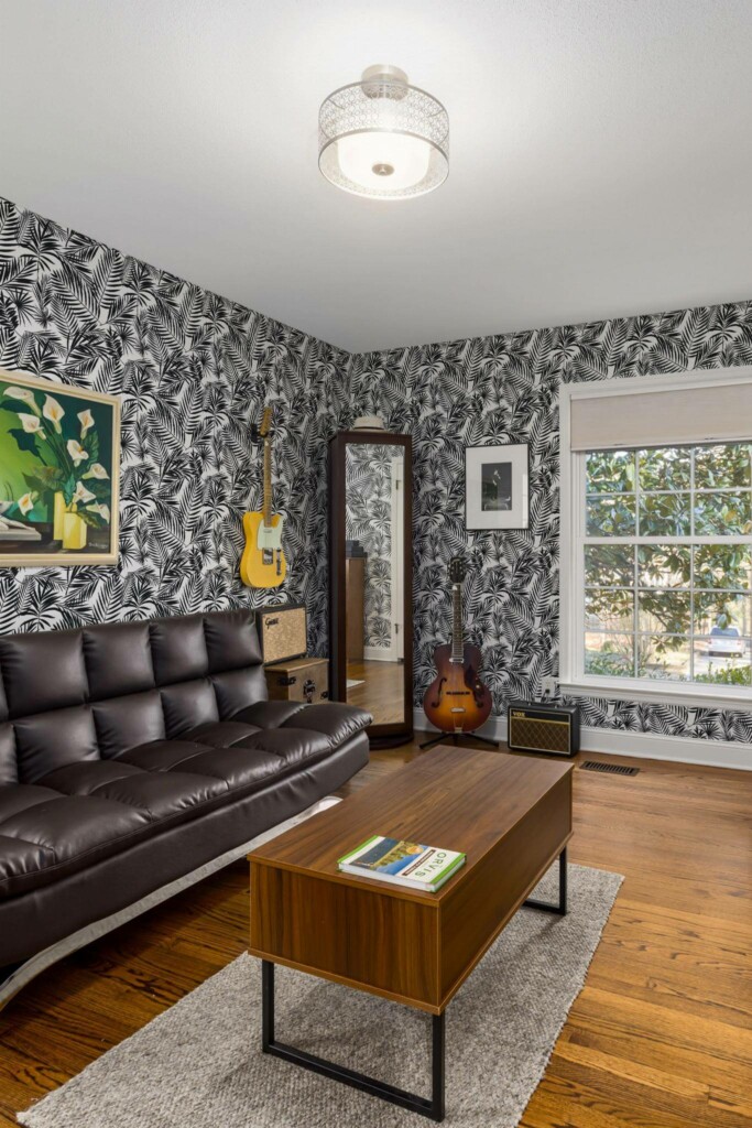 Mid-century style living room decorated with Tropical leaf peel and stick wallpaper and music instruments