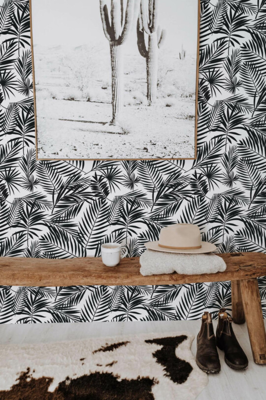 Scandinavian style entryway decorated with Tropical leaf peel and stick wallpaper