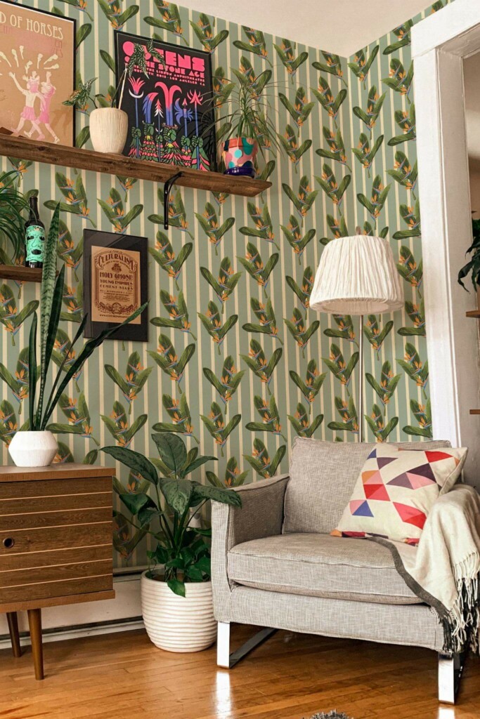 Eclectic style living room decorated with Tropical leaf striped peel and stick wallpaper