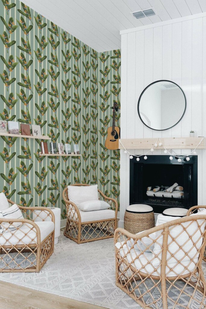 Minimal bohemian style living room decorated with Tropical leaf striped peel and stick wallpaper