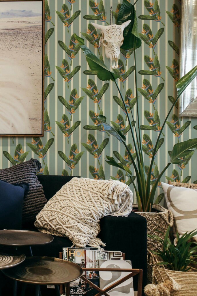 Scandinavian style living room decorated with Tropical leaf striped peel and stick wallpaper
