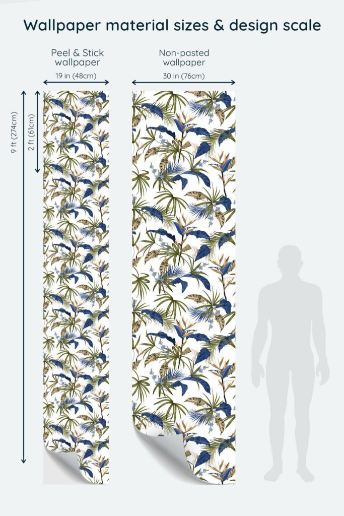 Size comparison of Tropical leaf Peel & Stick and Non-pasted wallpapers with design scale relative to human figure
