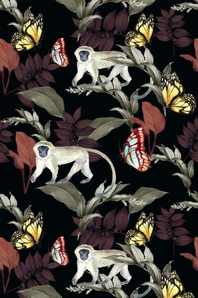 Pattern repeat of Tropical monkey removable wallpaper design